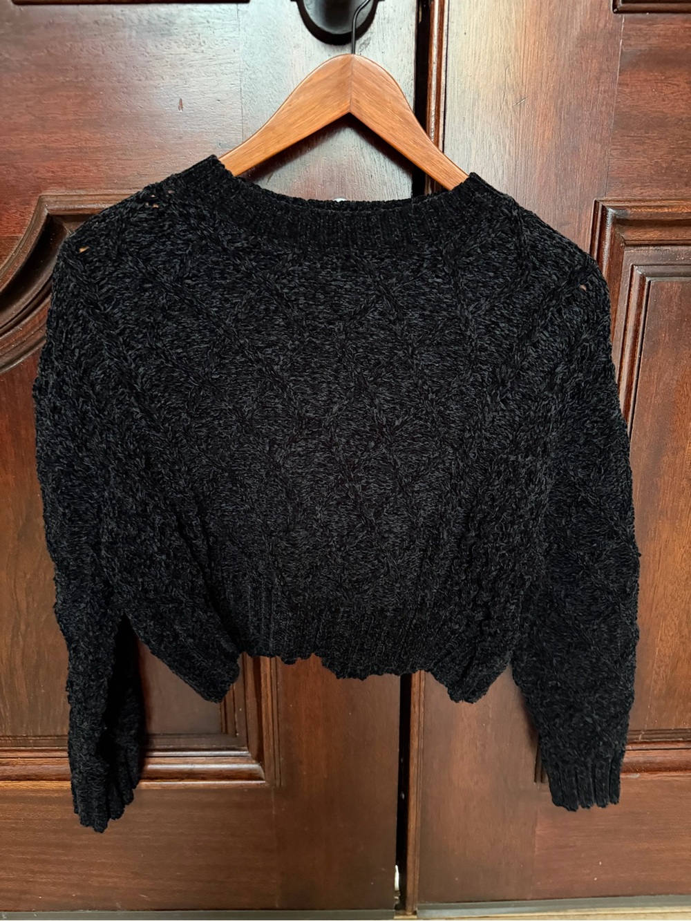 Black Textured Knit Sweater with White Care Tag